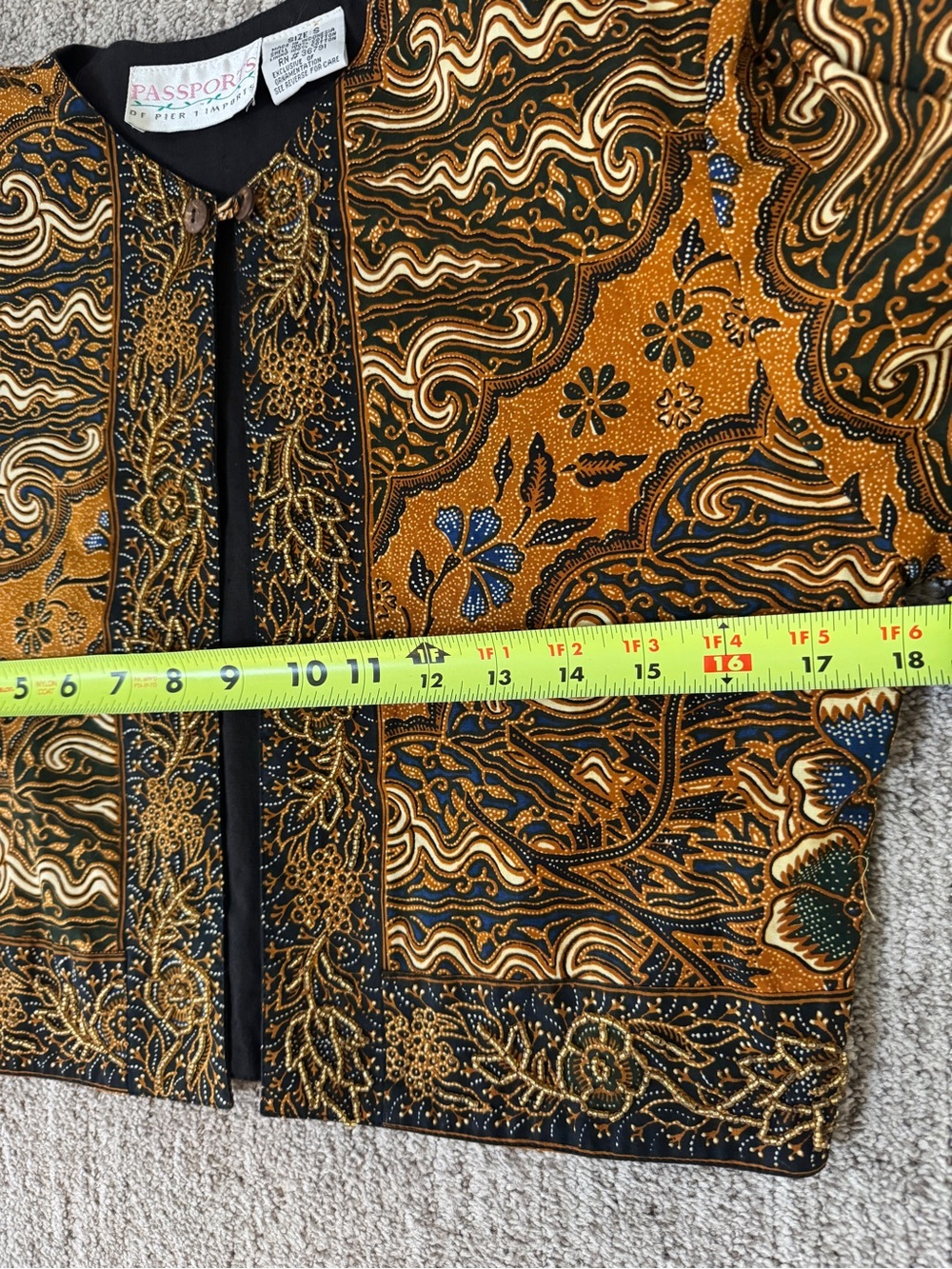 Vintage 90s Passports of Pier 1 Imports Brown Batik Beaded Cropped Jacket S - Picture 8 of 10